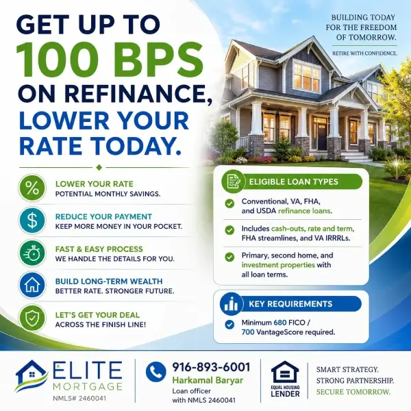 Mortgage refinance promotion offering up to a 100 basis point rate reduction.